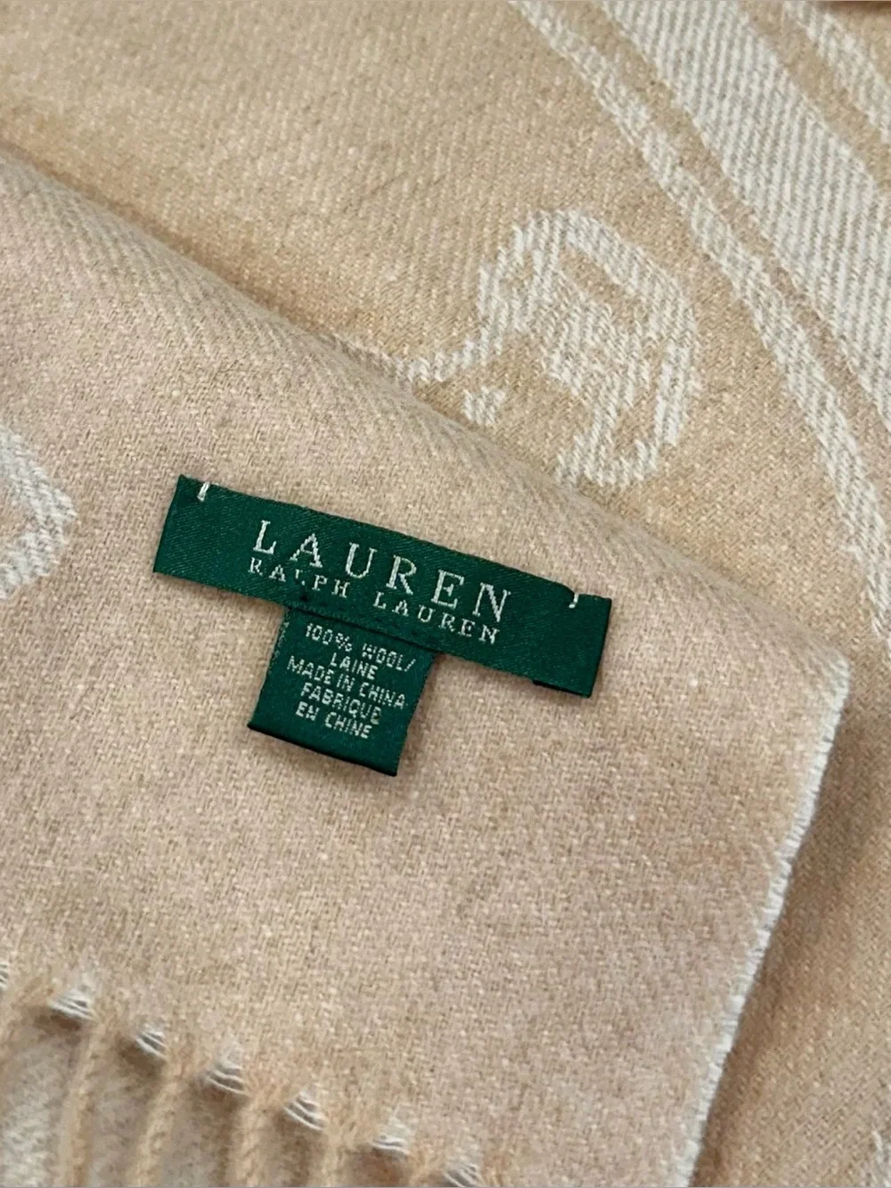 Ralph Lauren Pure Wool, Cream & Camel Fringed Equestrian Belting-Motif Scarf EUC